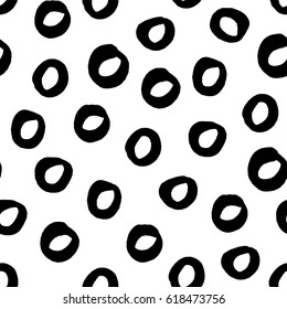 Seamless modern black and white vector doodle circle texture, dry brush ink art.