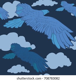 Seamless modern blue background with eagle. Flying in the sky. Ornament for fabric, textile, wrapping and cover