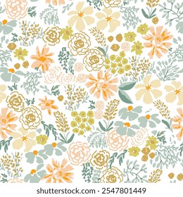 Seamless modern Bright spring floral pattern in doodle style. Seamless pattern with cartoon flowers, twigs, leaves on white background.