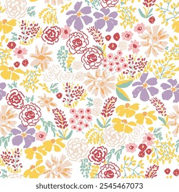 Modelo floral brillante de la Pascua del verano moderno inconsútil en estilo del doodle. Patrón sin fisuras con flores de dibujos animados, ramitas, hojas sobre fondo blanco.