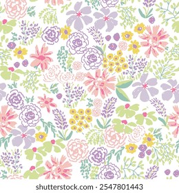 Seamless modern Bright summer floral pattern in doodle style. Seamless pattern with cartoon flowers, twigs, leaves on white background.