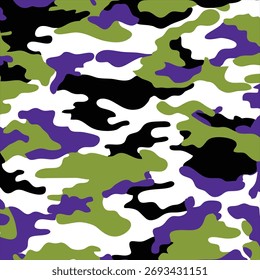 Seamless Modern Camouflage Pattern in Olive Green, Purple, Black, and White for Fashion and Design