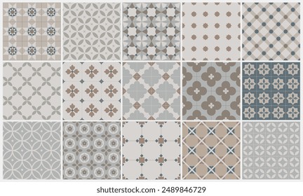 Seamless modern ceramic tiles pattern collection. Hand drawn floral and geometric design.