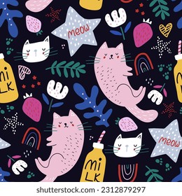 Seamless modern childish pattern with cartoon pink cats. High detailed kids texture with star, cat, rainbow, strawberry, heart, milk. Vector illustration