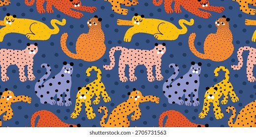 Seamless modern childish pattern with funny  African leopards, colorful. Creative kids texture for fabric, wrapping, textile, wallpaper, apparel. Bright illustration with blue background.