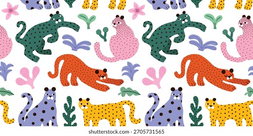 Patrón infantil moderno sin fisuras con divertidos leopardos y plantas africanos coloridos. Textura creativa de los niños para la tela, envoltura, materia textil, Fondo de pantalla, ropa. Ilustración brillante con fondo blanco.