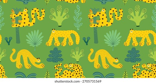 Patrón infantil moderno sin fisuras con divertidos leopardos africanos en la selva. Textura creativa de los niños para la tela, envoltura, materia textil, Fondo de pantalla, ropa. Fondo de la ilustración en amarillo y verde.