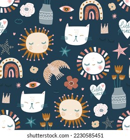 Seamless modern childish pattern. High detailed kids texture with sun, cat, rainbow, bird, heart. Vector illustration