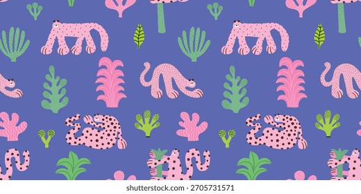Patrón infantil moderno sin fisuras con leopardos africanos rosados, planta tropical. Textura creativa de los niños para la tela, envoltura, materia textil, Fondo de pantalla, ropa. Fondo de la ilustración en lila, verde y violeta