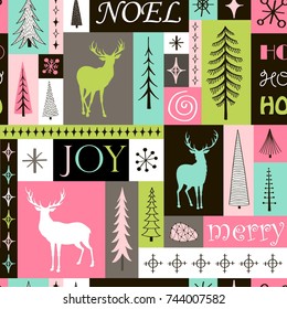 Seamless modern christmas pattern with firs, snowflakes and silhouettes of deer.Vector