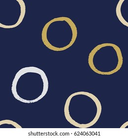 Seamless modern dark blue vector doodle circle texture, dry brush ink art.