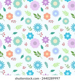 Seamless modern design with different flowers, leaves and twigs on a light background. Vector