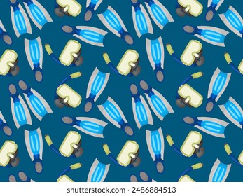 Seamless modern diving pattern, snorkel mask and fins for swimming activity.