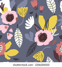 Patrón floral moderno sin inconfundibles con flores, hojas. Creativa textura abstracta botánica oscura con. Excelente para la tela, la ilustración vectorial textil.