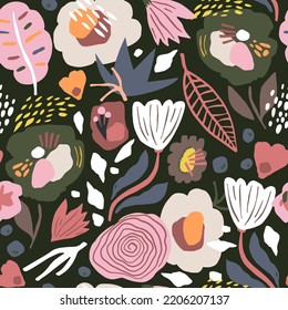 Seamless modern floral pattern with flowers, leaves. Creative botanical abstract texture with. Great for fabric, textile vector illustration.