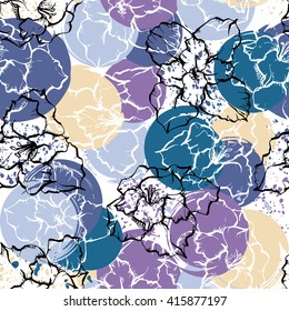 Seamless modern floral pattern with gladioli, spots, blots and splashes of paint.
