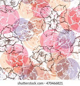 Seamless modern floral pattern with gladioli, spots, blots and splashes of paint.