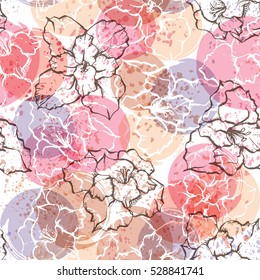 Seamless modern floral pattern with gladioli, spots, blots and splashes of paint.