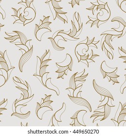Seamless modern floral pattern with gold line aloe on gray background. Hand drawn wedding background. Vector illustration.
