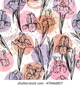 Seamless modern floral pattern with irises, spots, blots and splashes of paint.