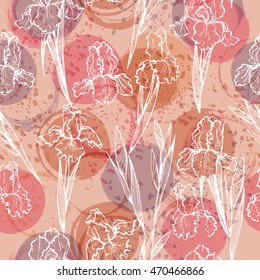 Seamless modern floral pattern with irises, spots, blots and splashes of paint.