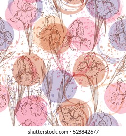 Seamless modern floral pattern with irises, spots, blots and splashes of paint.