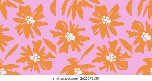 Nahtloses modernes Blumenmuster mit orangen abstrakten Blumen auf rosafarbenem Hintergrund. Abstrakte Form doodle art Vektorgrafik. Druck, Tapete, Clipart, Wandkunst