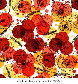 Seamless modern floral pattern with poppies and wheat ears, spots, blots and splashes of paint.