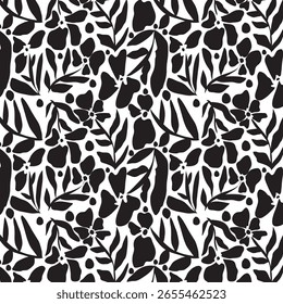 Padrão de vetor floral moderno contínuo em preto sobre um fundo claro. Ideal para têxteis, capas, cartões, protetores de tela, convites, cartazes e desenhos de superfície elegantes.