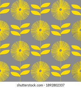 Seamless Modern Flower Drawing Pattern in Grey and Yellow