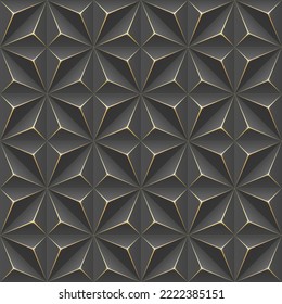 Seamless modern geometric 3d black background with golden ornament  - vector illustration