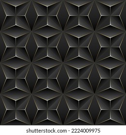 Seamless modern geometric 3d black background with golden ornament  - vector illustration