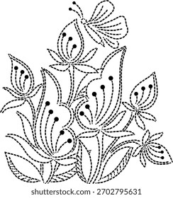 Elemento de diseño geométrico moderno sin costuras Ilustración vectorial de hermosas flores de pétalo único con filamentos de polen con brotes, hojas y mariposa para bordar, tela, cojín, cortinas, alfombra  
