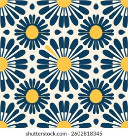 seamless modern geometric floral pattern in blue and yellow on a beige background, perfect for textiles, wallpapers, and graphic designs. Ideal for creative projects.