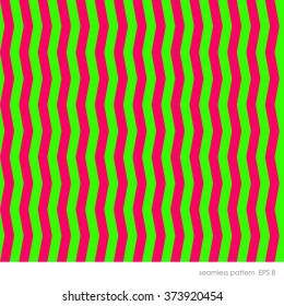 Seamless modern geometric pattern with a curved vertical line with the effect of an optical illusion. The two colors of bright pink and green.