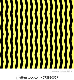 Seamless modern geometric pattern with a curved vertical line with the effect of an optical illusion. In two colors black and yellow.