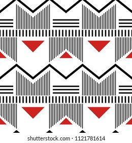 Seamless modern geometric pattern. White, black, red colors. Fashion graphic print of lines, zigzags, triangles