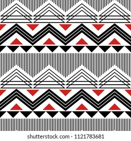 Seamless modern geometric pattern. Zigzags, lines, triangles. Fashion graphic print white, black, red colors