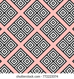 Seamless modern geometric texture squares on the pink background. Black on white shapes. rombs, square. textile, fabric pattern. Poster, flayer wallpaper, background element
