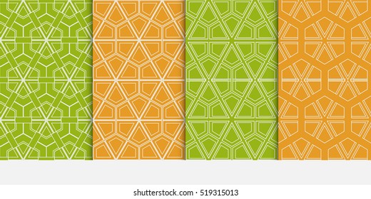 Seamless modern geometry patterns set. Hexagon ornament. Green, orange color. Vector illustration. Texture for design wallpaper.