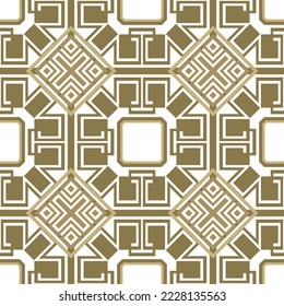 Seamless modern golden greek pattern. Ornamental background. Vector repeat backdrop. Patterned greek key meander ornaments with rhombus, geometric shapes. Endless texture. Isolated design on white.