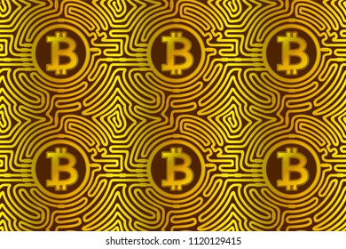 Seamless modern golden pattern with bitcoin symbol on dark background