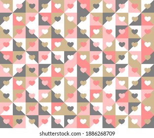 Nahtloses modernes Herz mit geometrischem Muster. Bunt mit rosafarbenem, goldenem, weißem und grauem Vektorhintergrund.
