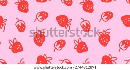 Seamless modern horizontal summer monochrome minimal bright berry pattern with small red strawberries on a pink background; drawing, simple cute hand-drawn vector illustration in flat style