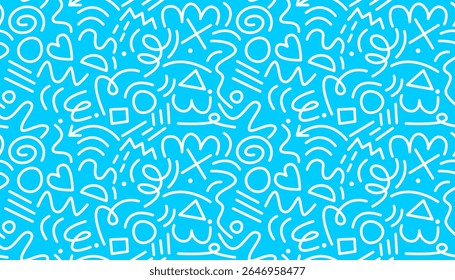 Seamless Modern Memphis-style pattern with stars, arrows, triangles, circles, hearts, zigzags, spirals, and wavy lines. Cute retro 80s–90s doodle design for kids.