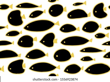 Seamless  modern minimal bold vector hand drawn pattern with various simple geometric outlined  shapes of fish. Black, yellow and white.