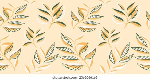 Seamless modern, minimalist, abstract, tropical  artistic  pattern of leaves pattern.  Vector hand drawn sketch leaf silhouettes. Collage contemporary print. Template for design, textile, fashion