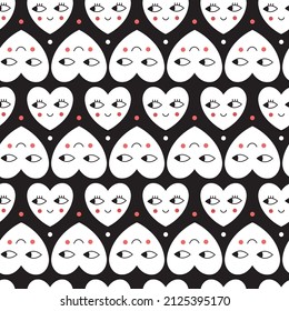 Seamless modern minimalistic pattern. Hearts with eyes. Vector ornament in black, white and pink colors