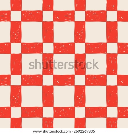 Seamless modern monochrome red abstract checkered pattern, painted with brush on light background, simple hand-drawn vector illustration, flat style
