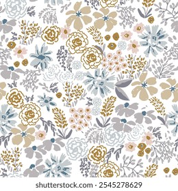 Seamless modern pastel spring brown floral pattern in doodle style. Seamless pattern with cartoon flowers, twigs, leaves on white background.